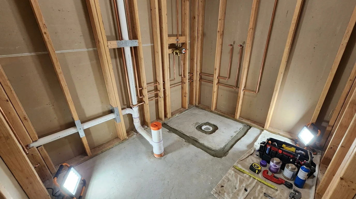 Bathroom rough-in plumbing during remodel by Johns Plumbing LLC in Gloverville