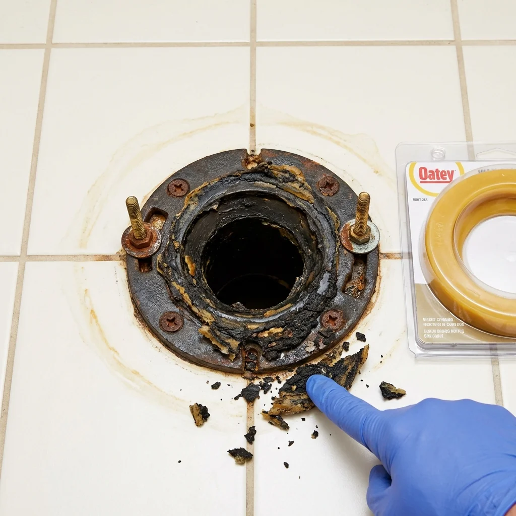 Failed wax ring showing water seepage at the base of a toilet in a Gloverville, SC home