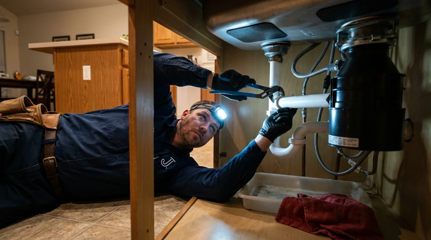 P-trap and supply line connections under a kitchen sink showing a common leak point in Gloverville, SC